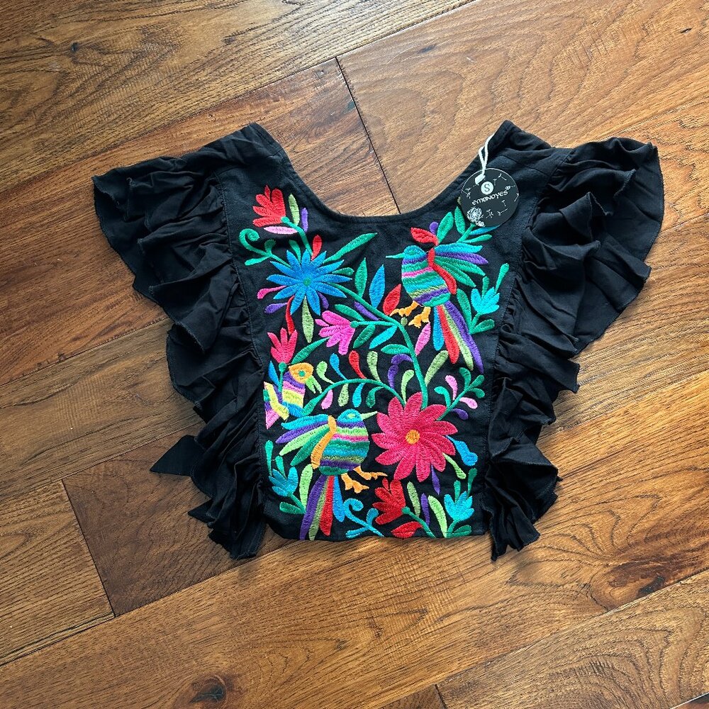 NWT Floral Embroidered Mexican Crop Top - Size Small - 100% Cotton - Colorful